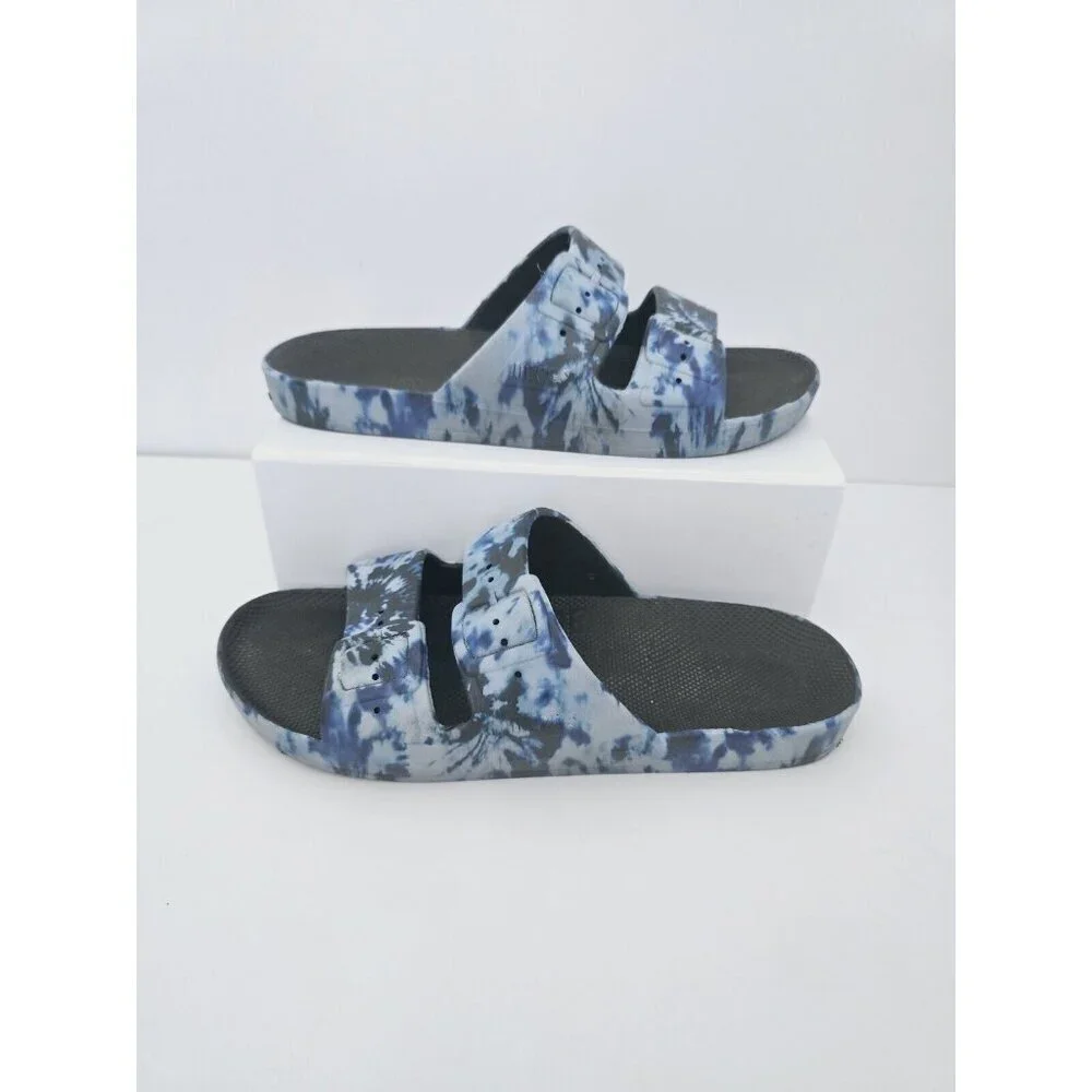 Freedom Moses Blue Black Tie Dye Slip On Faux Buckle Slide Sandals Shoes 9 10